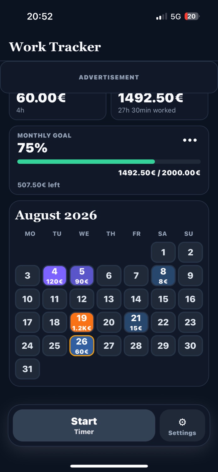 Work Tracker dark mode calendar with monthly earnings and goal progress