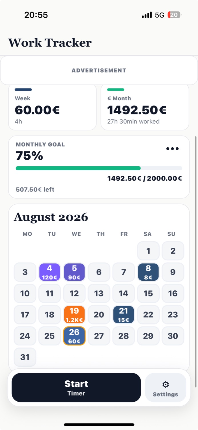 Work Tracker light mode calendar with sessions and monthly goal progress