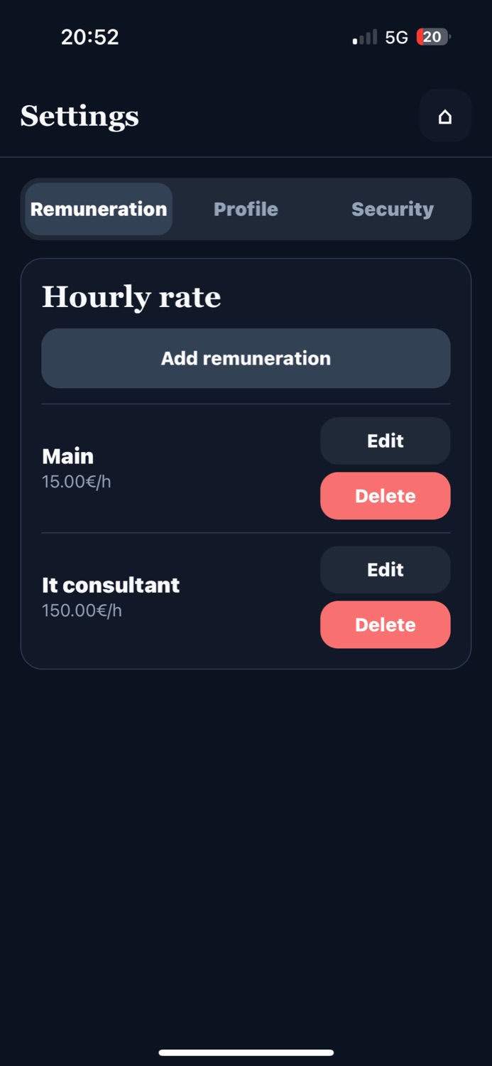 Work Tracker settings screen showing remuneration and hourly rates